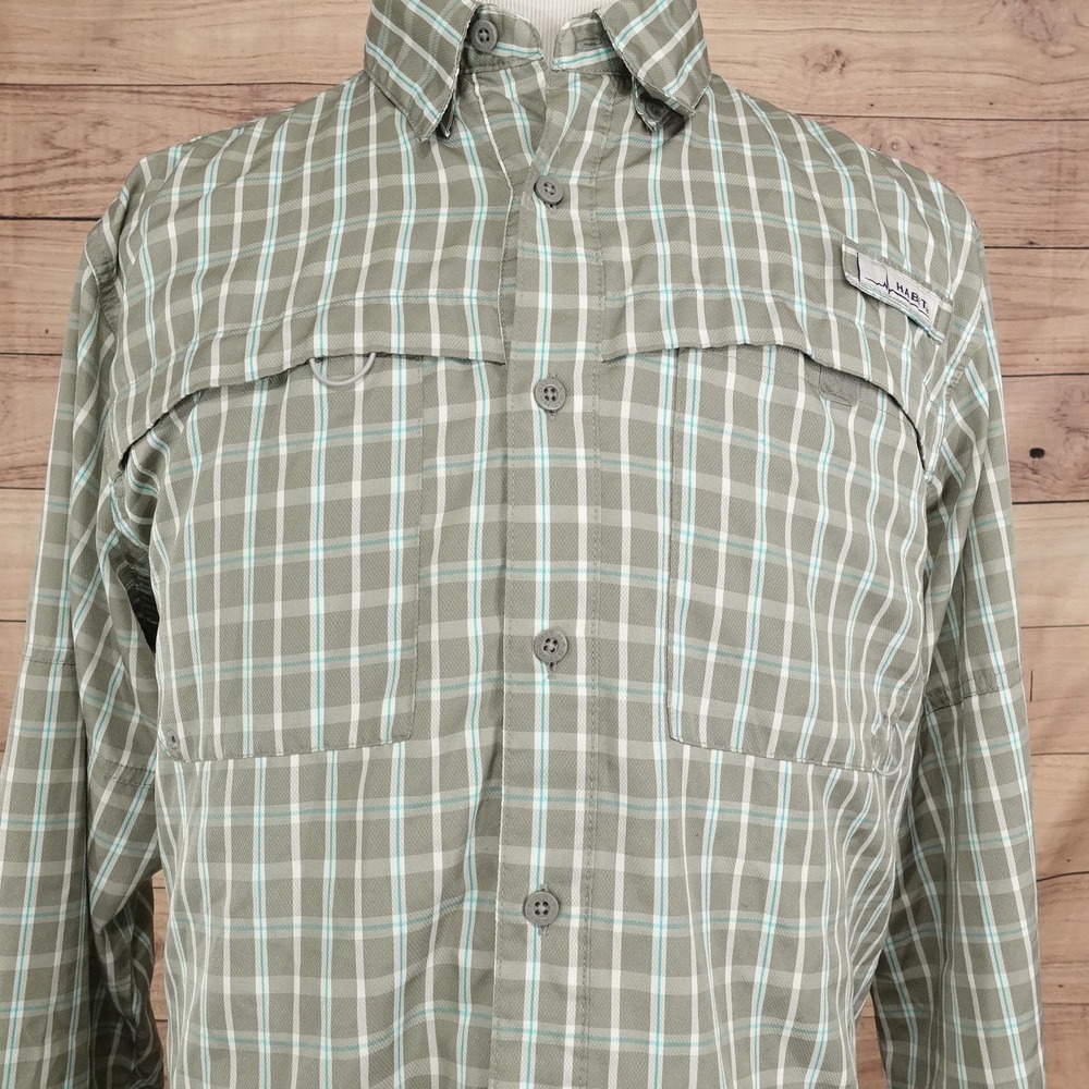 Habit Shirt Mens L Gray Plaid Long Sleeve Button-Up Fishing Solar-Factor UPF 40+